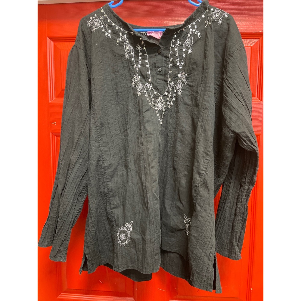 She's Cool Black Embroidered Sequin Tunic Blouse Top 3X Long Sleeve Crinkle